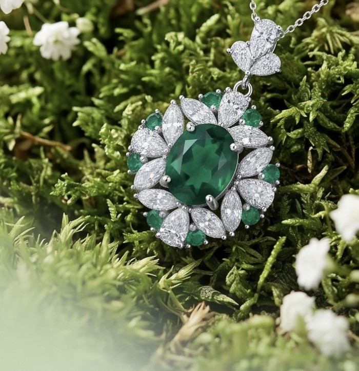 Incredible Natural 10.5 carat Chrome Diopside .925 Silver handcrafted Necklace - Jewel close-up on moss; 10.5 ct Chrome Diopside in .925 Silver.
