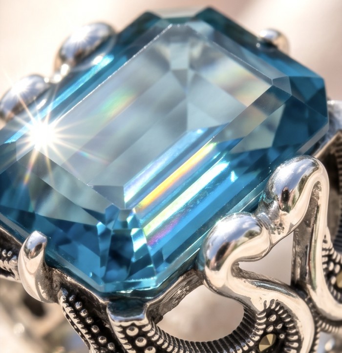 Two Swans Authentic 27.4 carat Aquamarine .925 Sterling Silver brilliantly handcrafted large Statement Ring size 8 - Stone close-up of Two Swans 27.4 carat Aquamarine in .925 Sterling Silver
