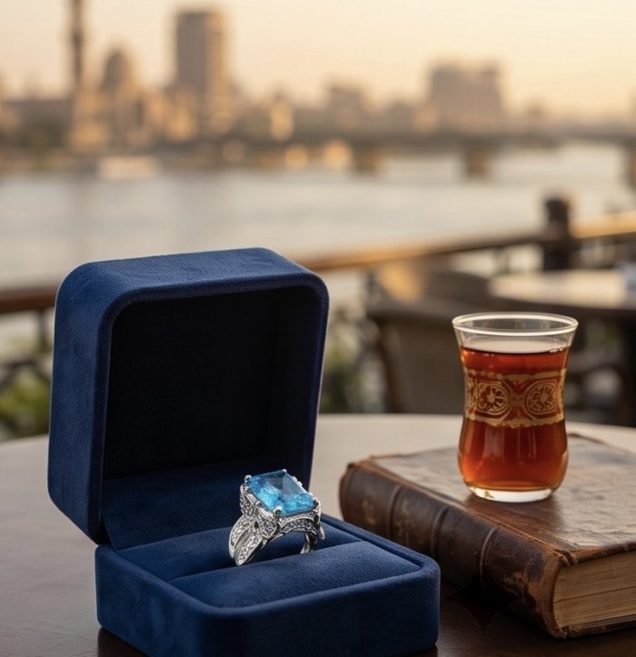 Blue OCEAN 14.3 carat Swiss Blue Topaz .925 Sterling Silver dipped in rhodium handcrafted ring size 7 1/2 - Blue Topaz ring in box, close-up, with tea and book in sunset background.