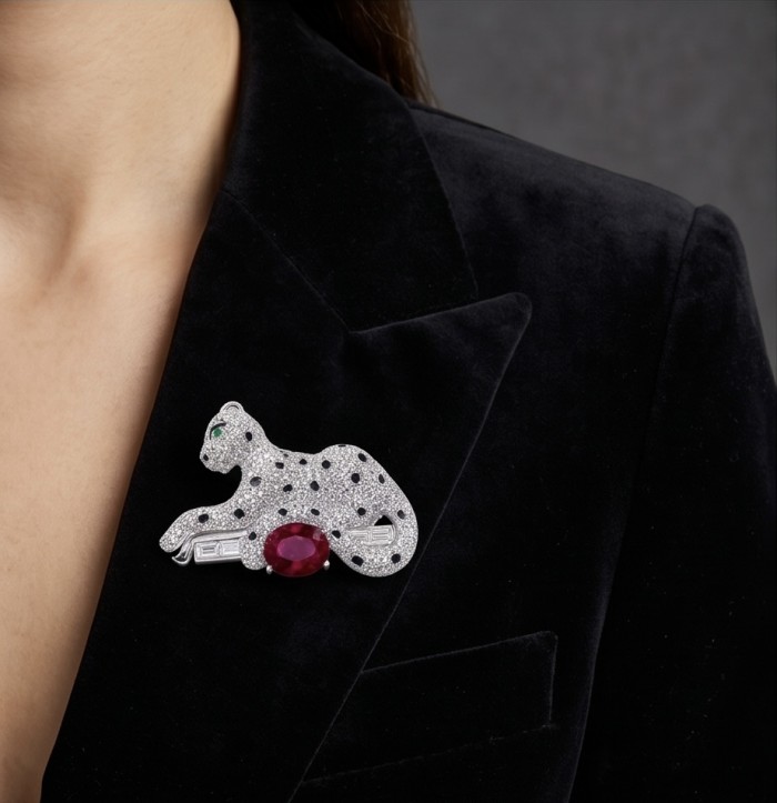 Precious Cheetah authentic 7.4 carat Ruby .925 Sterling Silver Handcrafted pendant brooch - Cheetah brooch with ruby on black jacket, side view detail.