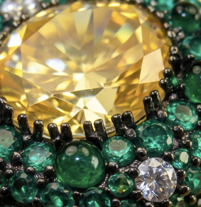 Isabel 18.8 carat Genuine Lemon Quartz Chroem Diopside .925 Sterling Silver handcrafted ring size 7 1/4 - Stone close-up of Isabel Lemon Quartz and Chrome Diopside jewelry