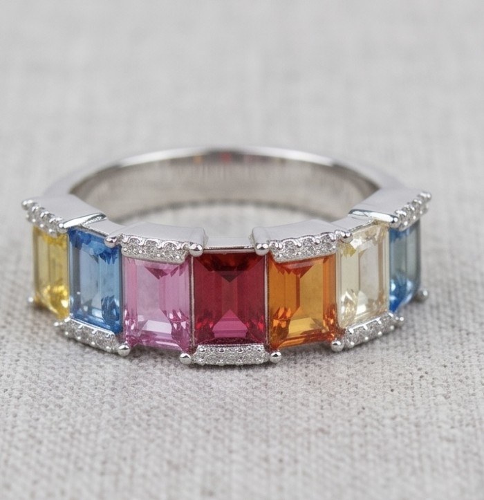 My own Rainbow - authentic 8.7 carat Topaz .925 Sterling Silver Ring size 7 - Side view of rainbow Topaz and silver ring with emerald-cut stones