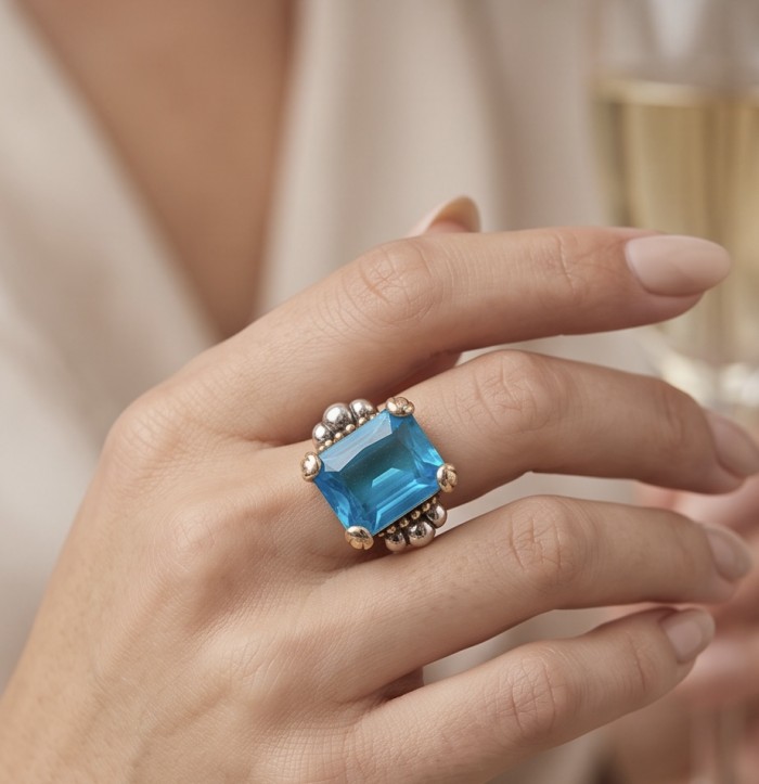Blue Treasure genuine 10.5 carat London Blue Topaz Silver handmade Statement Ring size 8 - photo 1
