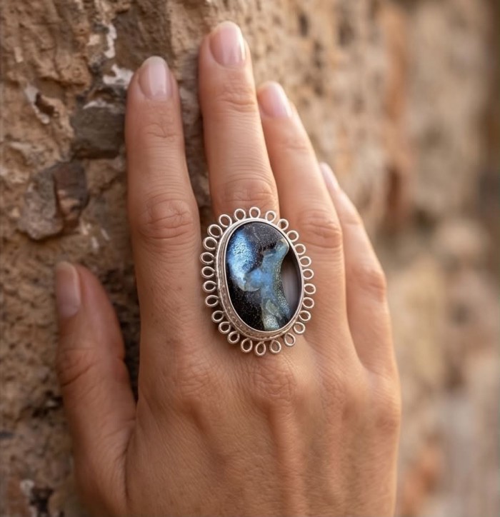 Australian Boulder Opal .925 Sterling Silver handcrafted Large ring size 7 1/4 - Australian Boulder Opal ring, worn on hand, front view.