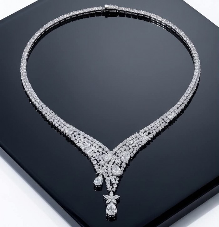 Veronica - Precious 35.5 carta White Topaz rhodium over .925 Sterling Silver .925 Sterling Silver Statement Necklace - Necklace on black surface, full view, white topaz, rhodium finish.