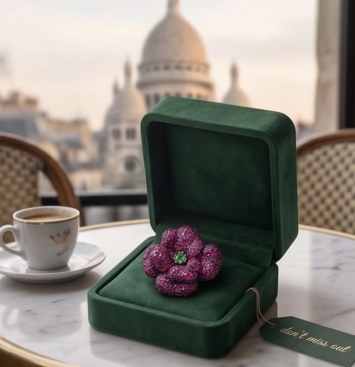 Black Label Collection - Retro Style - Rose Genuine 42.5 carat Ruby 2 tones .925 Sterling Silver dipped in rhodium handmade Pendant - Brooch - Retro style rose jewelry in green box, café setting, Sacré-Cœur backdrop.