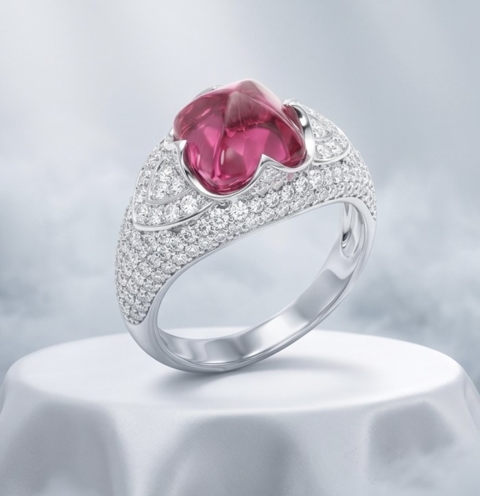 Bella Rosa Natural 5.8 carat Pink Tourmaline .925 Sterling Silver handmade Statement Ring size 7 - Side view of Bella Rosa Pink Tourmaline ring with diamond details.
