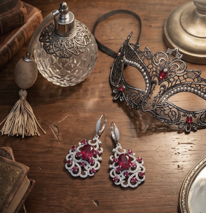 Tiffany - authentic 14.5 carat Mozambique Ruby .925 Sterling Silver dipped in White Gold handcrafted Statement Earrings - Elegant ruby earrings with mask and perfume bottle on wooden table.