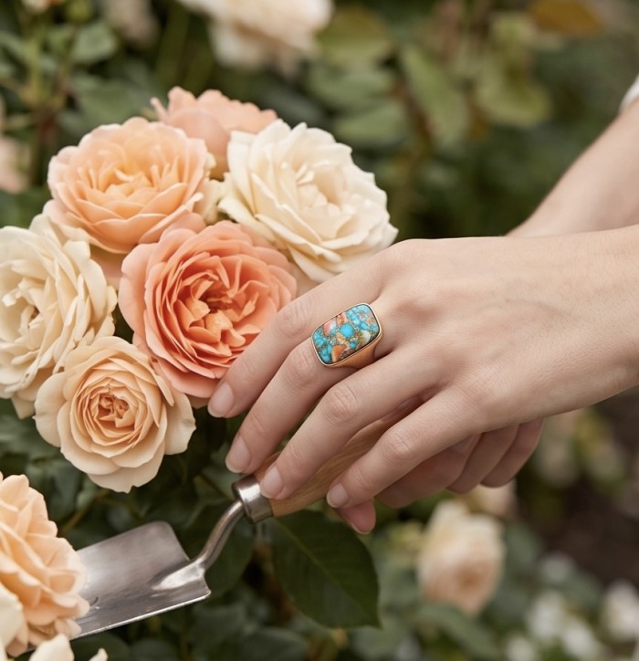 Rare 49.5 carat Oyster Turquoise 18K Gold over .925 Sterling Silver handcrafted Large ring; s. 7 adjustable - Worn on hand, Oyster Turquoise ring beside peach roses in garden.