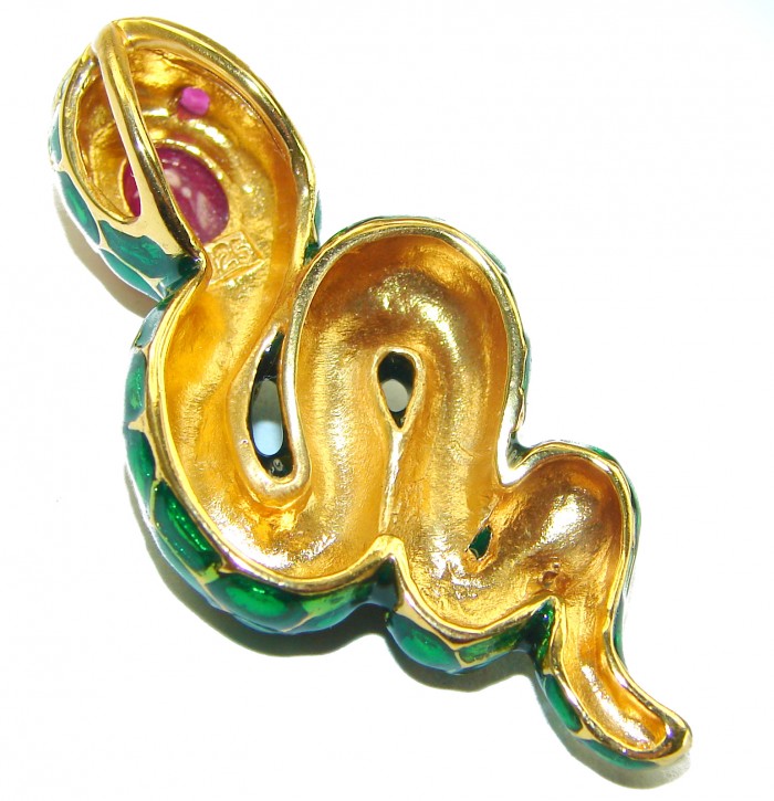 INCREDIBLE Natural Ruby Enamel Snake 14K Gold over .925 Sterling Silver Pendant - photo 2