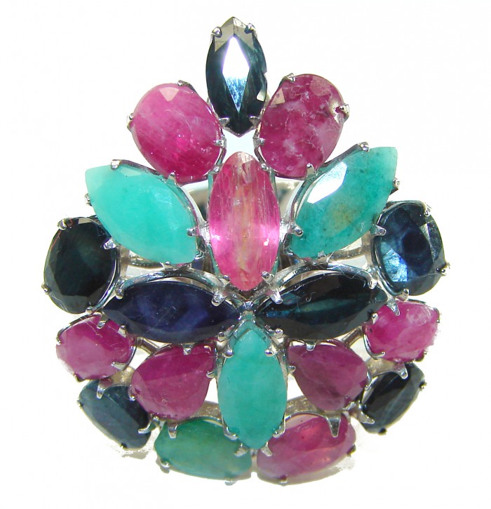 Carmen - Precious Natural 32.5 carat Ruby Emerald Sapphire .925 Sterling Silver handcrafted.925 Silver handcrafted Cocktail Ring s. 8 3/4 - photo 3