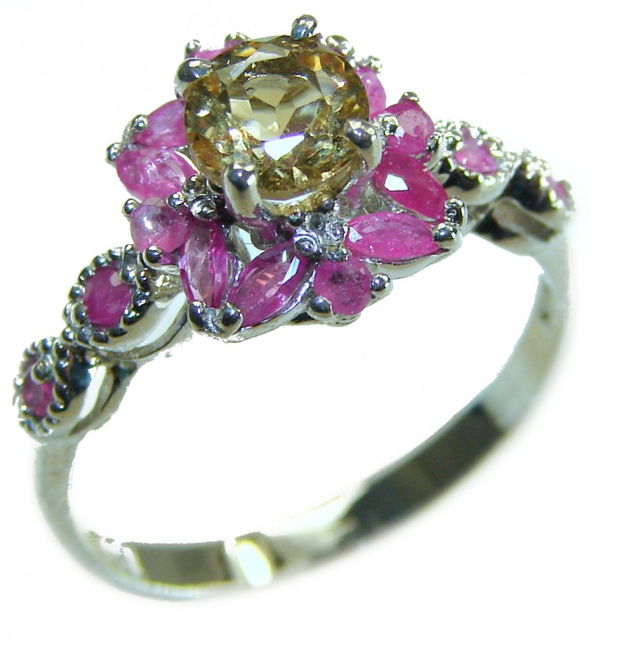 Golden Treasure 4.5 carat Citrine .925 Sterling Silver Handcrafted Ring size 9 - Side view of Citrine and pink gem sterling silver ring
