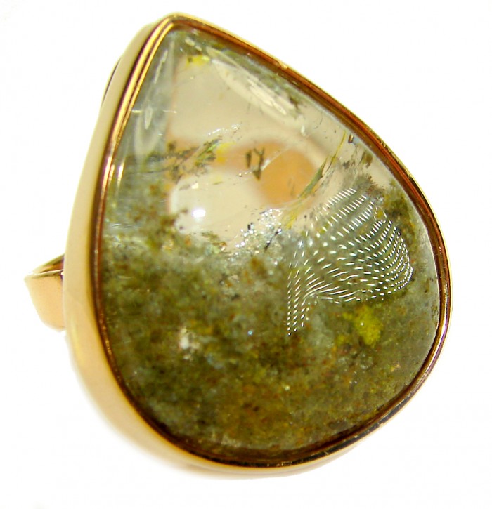 Magic genuine Phantom Quartz 18K Gold over .925 Sterling Silver handmade Cocktail Ring s. 6 adjustable - Close-up of Magic Phantom Quartz ring with 18K Gold over Sterling Silver.