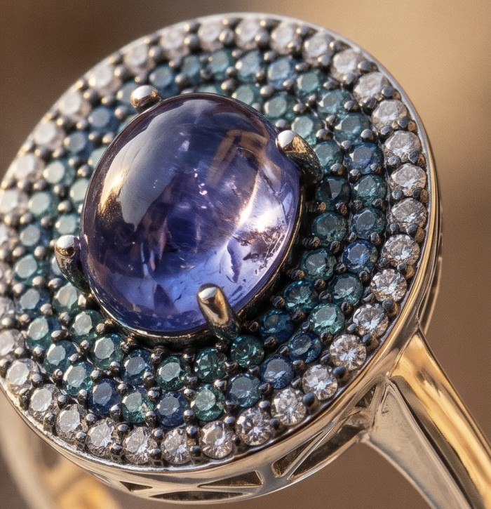 Luxurious 3.7 carat Tanzanite pave 0.8 carat Sapphire .925 Sterling Silver handcrafted Ring size 8 - Close-up of luxurious tanzanite ring with sapphire pavé detail.