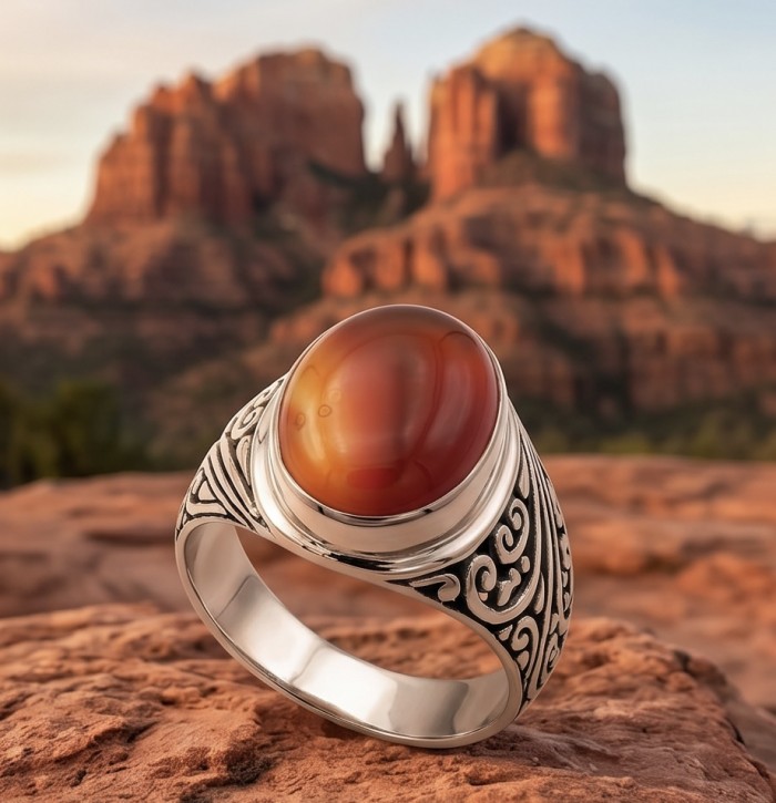 Orange Power natural Carnelian .925 Sterling Silver handmade ring s. 9 1/2 - Close-up of Carnelian ring with ornate sterling silver band