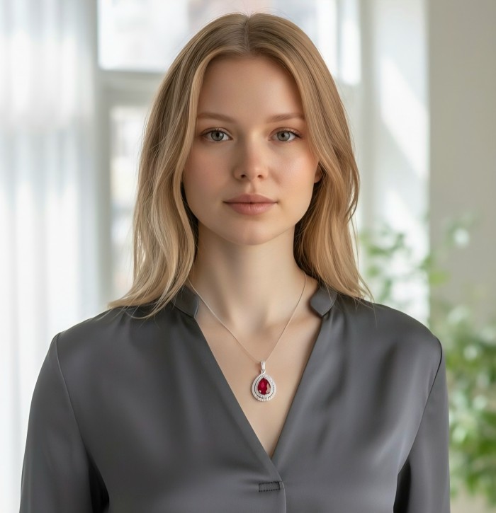 Art deco - Natural 3.8 carat Mozambique Ruby .925 Sterling Silver Handcrafted Pendant - Woman wearing Art Deco Mozambique ruby pendant, front view.