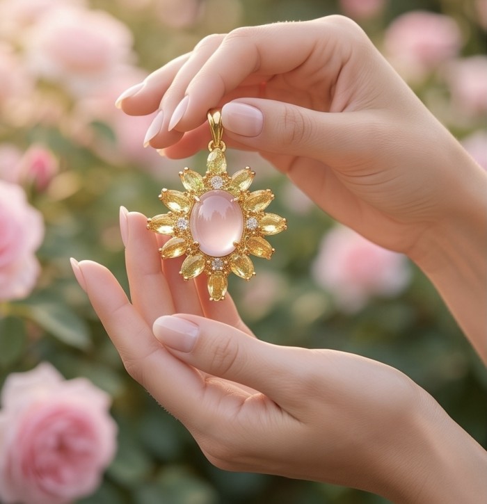 Scarlett 5.8 carat Rose Quartz 22K Gold over .925 Sterling Silver handcrafted Statement Pendant - Rose Quartz pendant held in hands, gold floral design, soft focus background.
