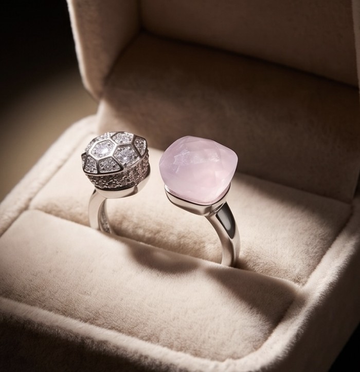 Aphrodite - 2.7 carat Rose Quartz .925 STERLIG Silver handcrafted Soild ring size 7 - Two rings in a box, one with rose quartz, top view.