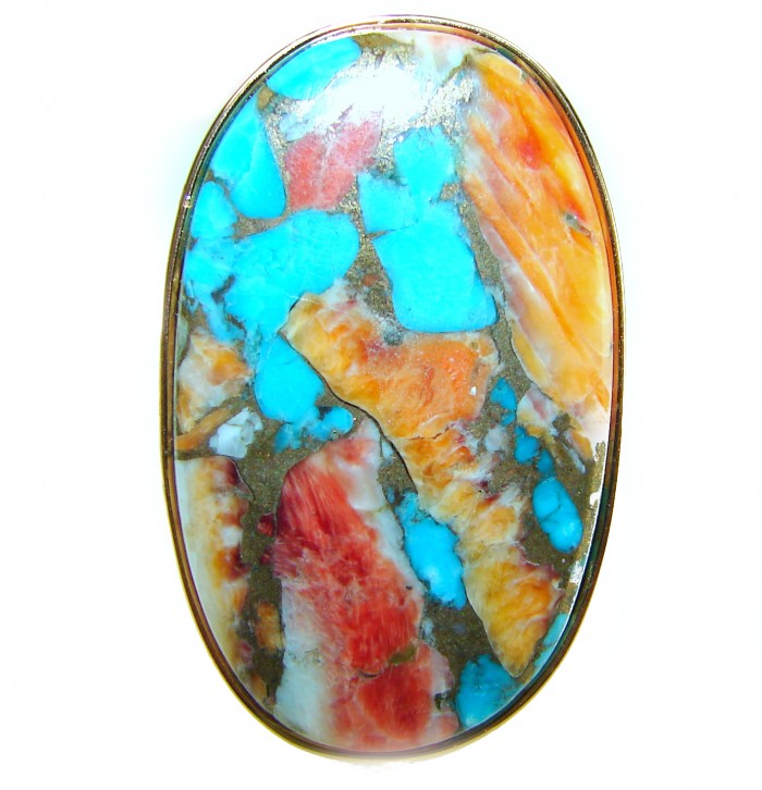 Rare 33.5 carat Oyster Turquoise 18K Gold over .925 Sterling Silver handcrafted Large ring; s. 7 adjustable - Close-up of rare oyster turquoise stone with gold setting.