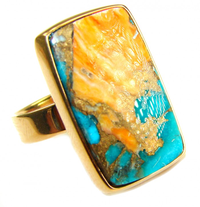 Rare 20.5 carat Oyster Turquoise 18K Gold over .925 Sterling Silver handcrafted Large ring; s. 7 adjustable - Close-up of rare 20.5ct Oyster Turquoise ring in 18K gold over .925 silver