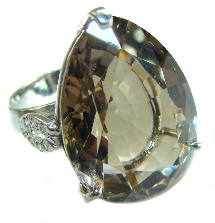 30.8 carat Authentic Smoky Topaz .925 Sterling Silver handcrafted Large ring size 7 - Close-up of 30.8 carat smoky topaz ring in sterling silver setting.