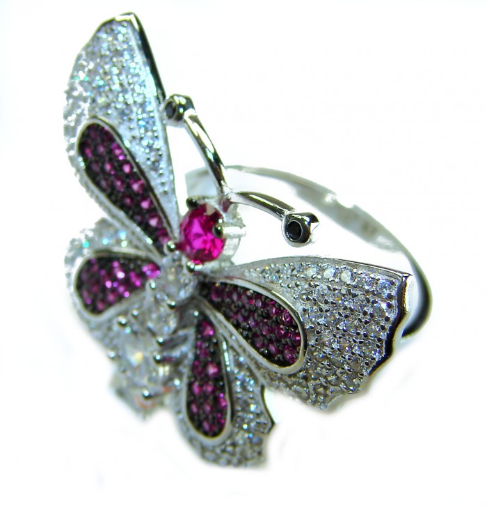 Precious Butterfly Genuine 10.5 carat Ruby .925 Sterling Silver handmade LARGE Statement Ring size 7 1/2 - Close-up of butterfly ring with rubies and sterling silver details.
