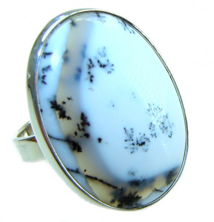 LARGE Top Quality Dendritic Agate .925 Sterling Silver handcrafted Ring s. 7 adjustable - Top view of LARGE Dendritic Agate ring in .925 Sterling Silver setting.