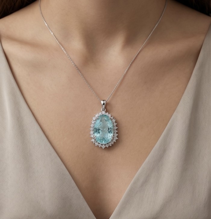 Angelina 14.9 carat authentic Aquamarine .925 Sterling Silver Handcrafted pendant - Aquamarine necklace worn on neck, close-up view