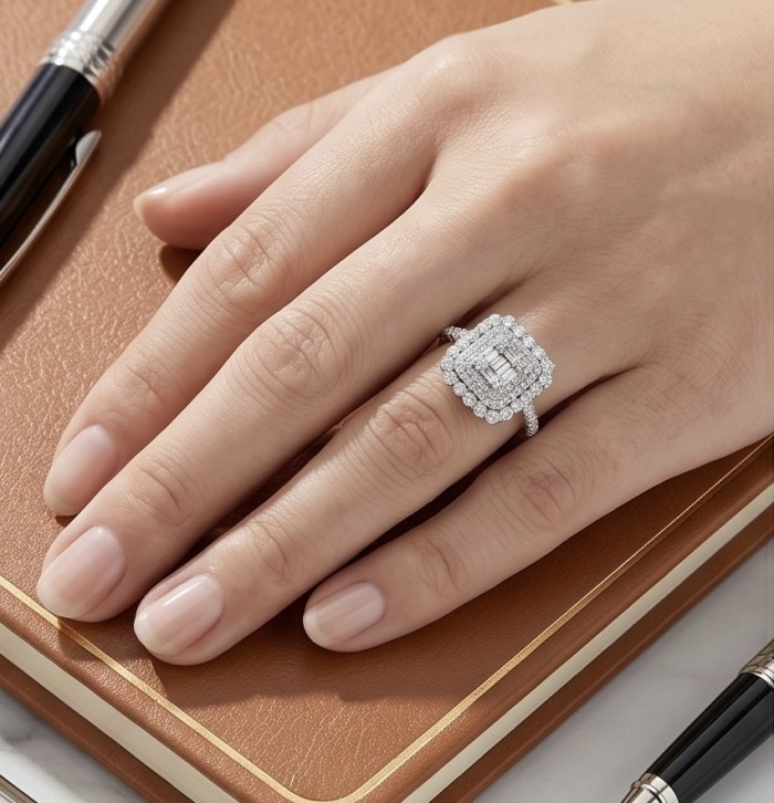 Fancy Design authentic 7.9 carat White Topaz .925 Sterling Silver handcrafted ring size 8 1/4 - Ring with white topaz on hand, surrounded by notebooks and a pen.