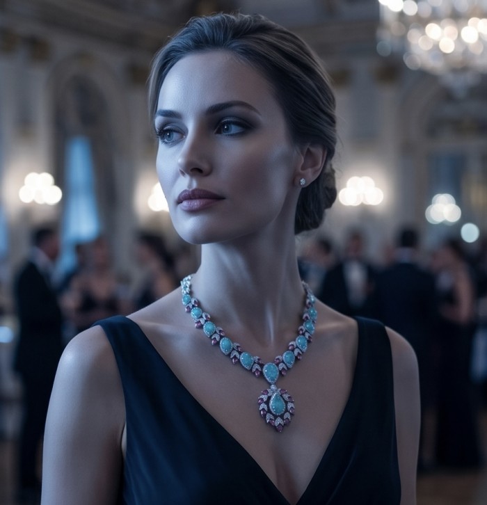 Wonderland 95.8 carat Paraiba Tourmaline rhodium over .925 Sterling Silver Handcrafted Statement necklace - Elegant necklace side view at a formal event, twinkling lights in background.