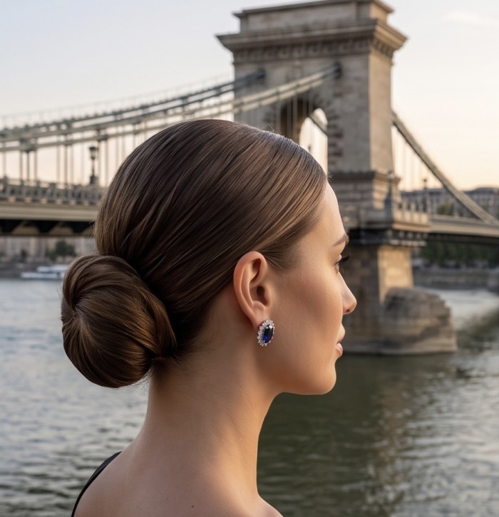 Giovanna - Authentic oval cut 6.8 carat Tanzanite .925 Sterling Silver handcrafted earrings - Earrings in side view with 6.8 carat Tanzanite stone near bridge.