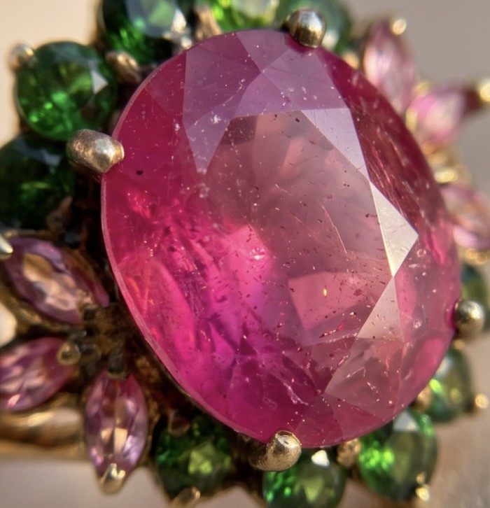Scarlett 17.5 ctw Mozambique Ruby .925 Sterling Silver dipped in 22K Gold handcrafted Statement Ring size 7 - Ruby and gemstone close-up of Scarlett 17.5 ctw ring.