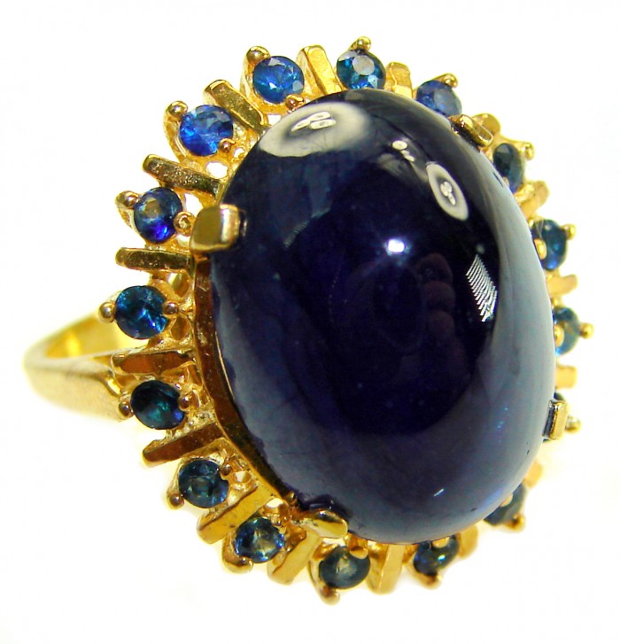 Authentic 14.5 carat Brazilain Kyanite 2.1 carat rare Grandidierite .925 Sterling Silver dipped in 22K Gold handcrafted Ring size 7 1/4 - Close-up of Brazilian Kyanite ring with gold setting and blue stones