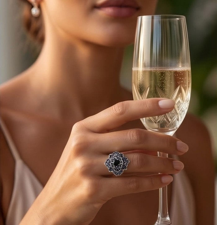 Blue Flower 12.2 carat natural Sapphire .925 Sterling Silver Perfectly handcrafted Ring s. 9 - Close-up of Blue Flower Sapphire ring worn on hand holding a champagne glass.
