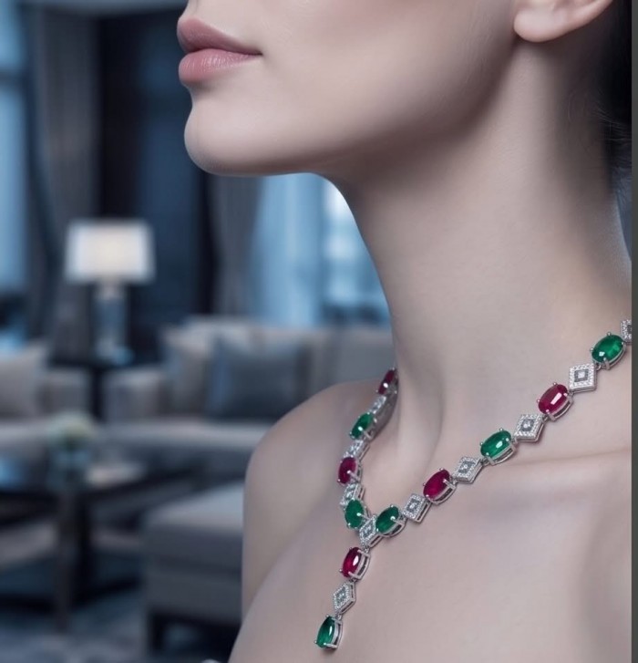 Francesca - Luxurious natural 19.8 carat Ruby Emerald .925 Sterling Silver handmade Statement necklace - Side view of Francesca necklace with rubies and emeralds worn on neck.