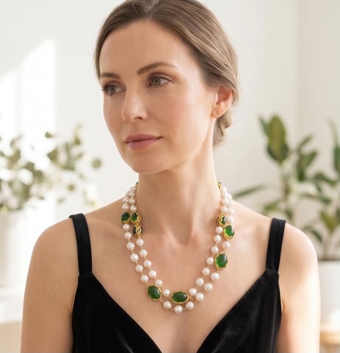 Incredible 48 inches long Freshwater Pearl 10K Gold over .925 Sterling Silver handmade Necklace - Side view of woman wearing freshwater pearl and gold necklace.