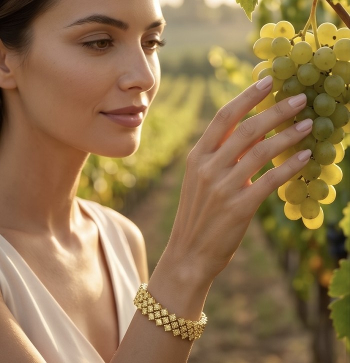 Melissa - Great Masterpiece 32.2 carat genuine Peridot 18K Gold over .925 Sterling Silver handmade Statement bracelet - Side view of bracelet worn on wrist, woman touching grapevine.