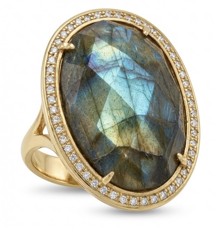 Shimmering Natural faceted Labradorite .925 Sterling Silver dipped in 18K Gold handcrafted Large ring size 8 1/4 - Close-up of labradorite ring with diamond accents in gold setting
