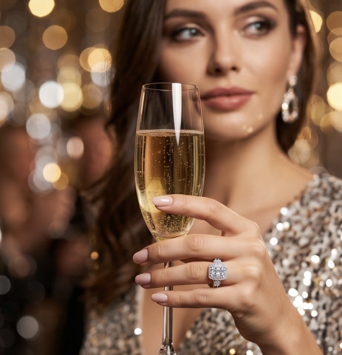Carolyn - Precious 35.5 carta White Topaz rhodium over .925 Sterling Silver .925 Sterling Silver Statement ring size 6 1/4 - Hand wearing Carolyn ring holding a champagne glass in an elegant setting