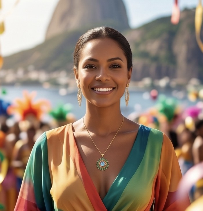 Eau Pure 4.9 carat Swiss Blue Topaz .925 Sterling Silver dipped in 18K Gold Handcrafted Pendant - Woman wearing colorful dress and topaz necklace, smiling outdoors.
