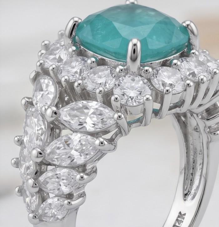 5.4 carat natural Colombian Emerald 8.9 carat Moissanite .925 Sterling Silver handmade Statement Ring size 7 1/2 - Close-up of ring's emerald and moissanite stones from a side angle