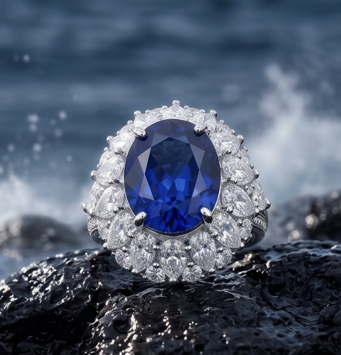 Precious Design oval cut 20.9 CARAT Tanzanite 18.4 carat Moissanite .925 Sterling Silver Statement Ring s. 9 - Close-up of oval-cut tanzanite ring with diamond accents against rocky shore