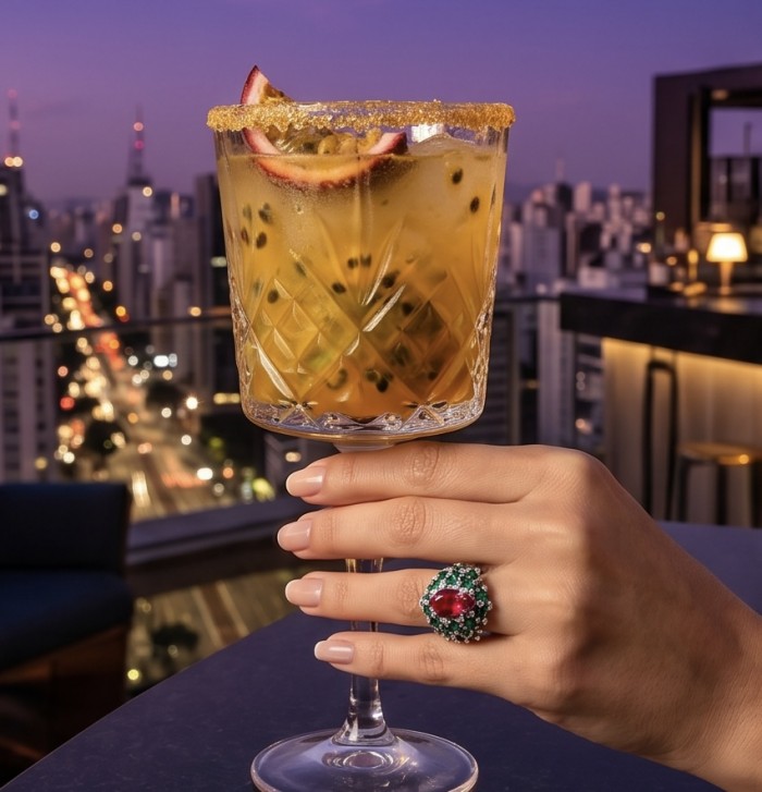 Giovanna 28.6 carat Ruby Emerald .925 Sterling Silver dipped rhodium handmade Huge Statement Ring size 9 1/4 - Ring with ruby and emerald worn on hand holding a cocktail at night.