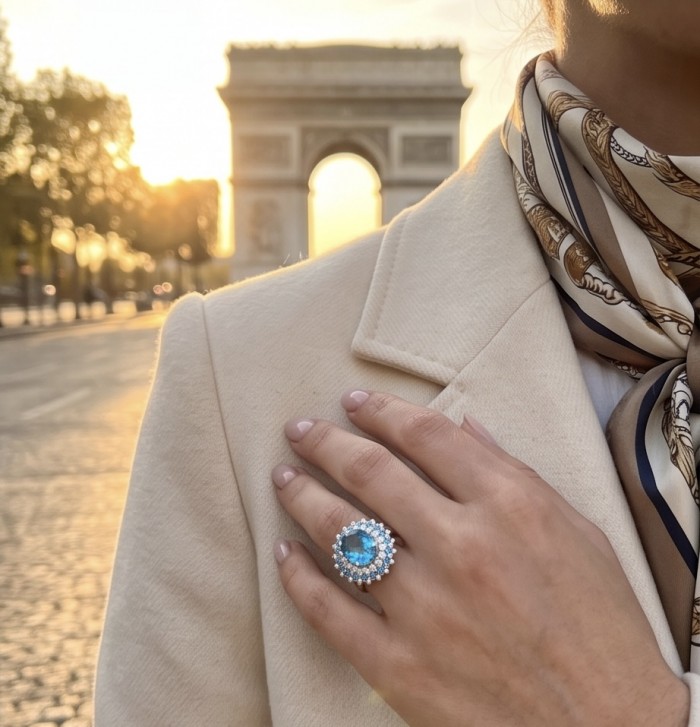 Paris Sky Blue 8.8 carat Swiss Blue Topaz .925 Sterling Silver dipped in rhodium handcrafted ring size 7 - Ring with blue topaz worn on hand, Arc de Triomphe in background.