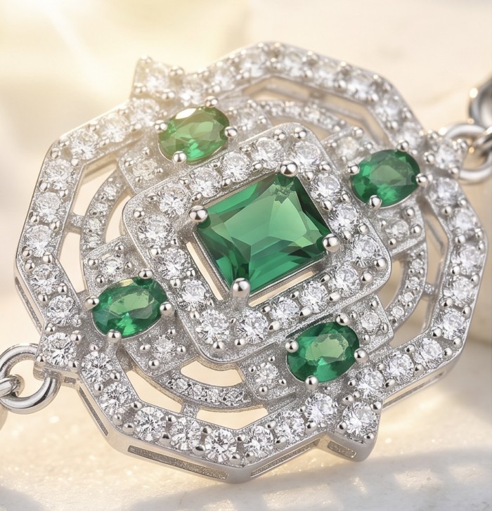 Art Deco - Pacifica - 4.4 carat Emerald .925 Sterling Silver handmade Statement Bracelet - Close-up of Art Deco emerald pendant with diamonds in sterling silver.
