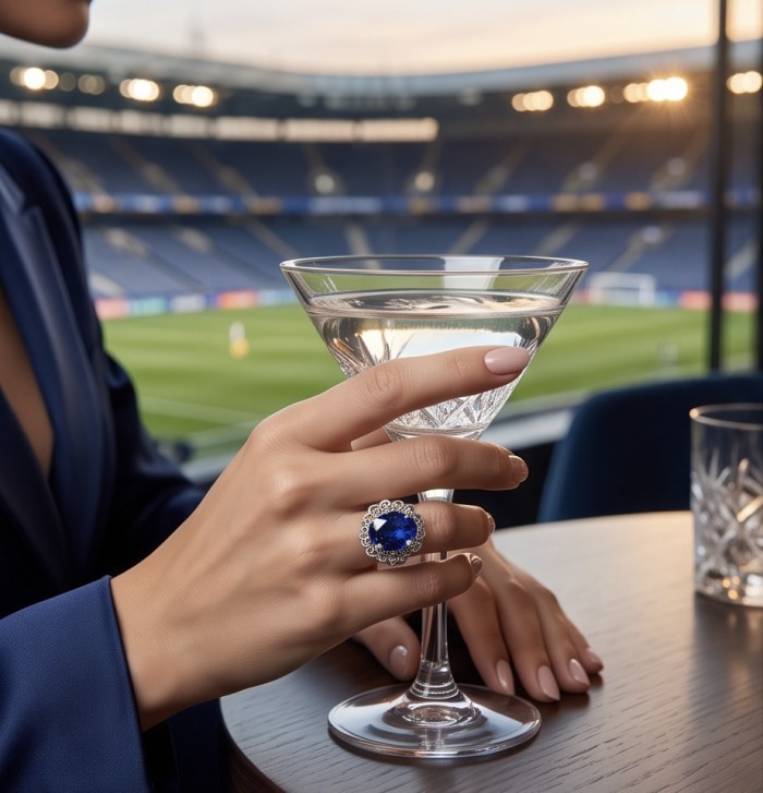 Blue Angel Genuine 20.5 carat Sapphire from Madagascar .925 Sterling Silver dipped in rhodium handcrafted Ring size 6 - Hand wearing Blue Angel Sapphire ring, holding a martini at a stadium.