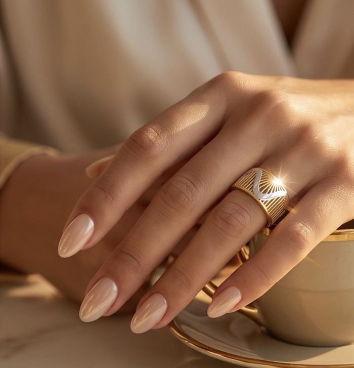 Secret code Precious Natural 18K Gold over .925 Sterling Silver Women ring size 7 - Gold ring worn on hand, sipping from a coffee cup, side view.