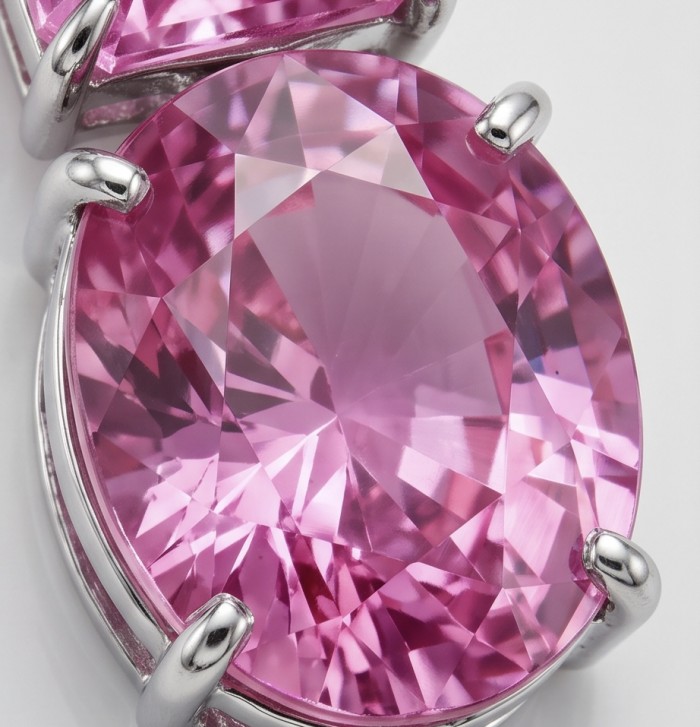 Large - Tiffany - authentic oval cut 29.7 carat Pink Sapphire .925 Sterling Silver handcrafted Earrings - Close-up of 29.7 carat oval cut pink sapphire in silver setting