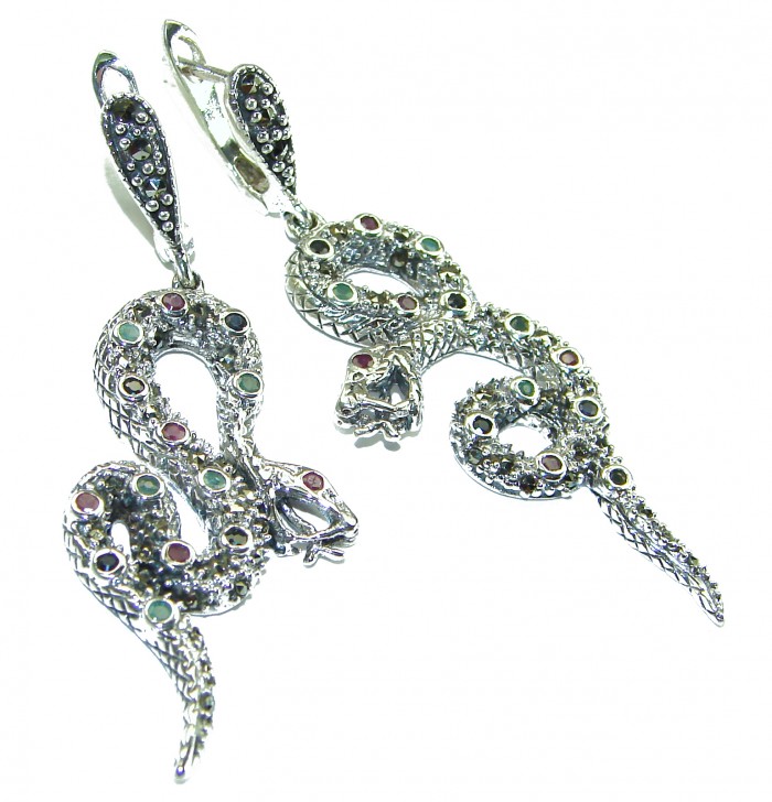 Snakes natural Sapphire marcasite .925 Sterling Silver Earrings - photo 3