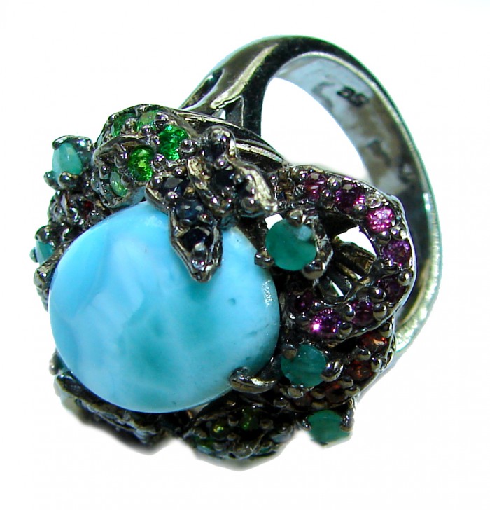 Precious authentic 10.5 carat Blue Larimar black rhodium over .925 Sterling Silver handmade ring size 7 3/4 - photo 1